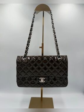 Chanel Classic Medium Double Flap — Dark Brown Patent Silver HW